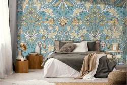 Wallpaper with leaves and vintage damask decoration pattern.
