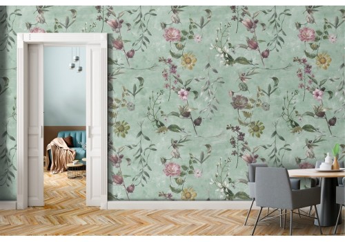 Carta da Parati fiori e foglie natura design vintage.