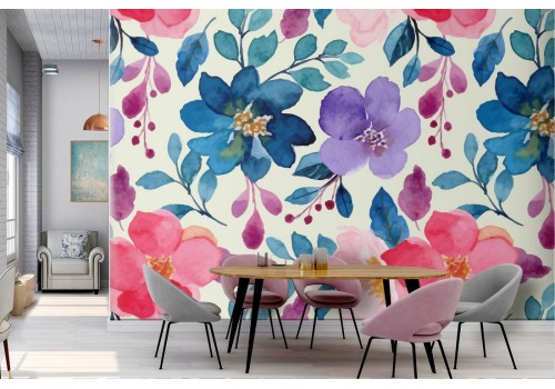 Modern nature wallpaper with pink and blue flowers.