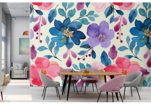 Modern nature wallpaper with pink and blue flowers.