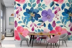 Carta da Parati fiori rosa e blu natura moderna.