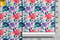 Modern nature wallpaper with pink and blue flowers.