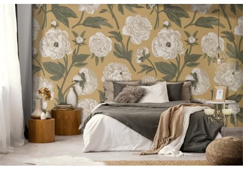 Carta da Parati fiori bianchi design vintage.