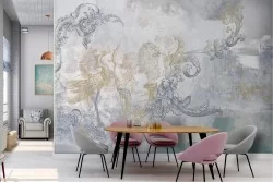 Natural plaster wallpaper with vintage leaves and animals.