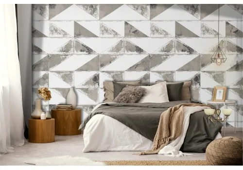 Wallpaper with gray marble effect tile pattern.