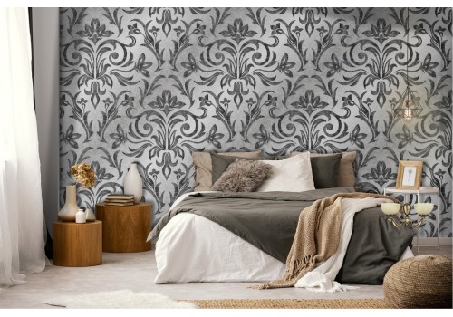 Vintage damask wallpaper decoration in grey and black.
