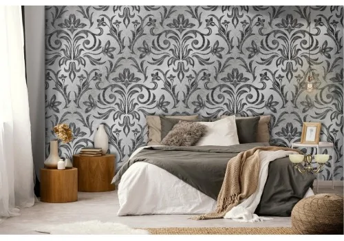 Vintage damask wallpaper decoration in gray and black.