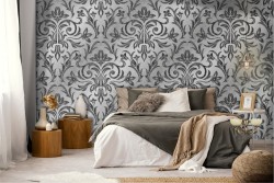 Vintage damask wallpaper decoration in grey and black.