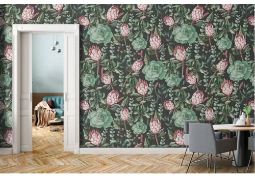 Carta da Parati fiori rosa e foglie verdi natura vintage.