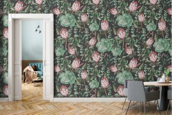 Carta da Parati fiori rosa e foglie verdi natura vintage.