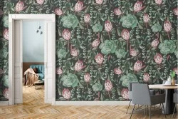 Pink flowers and green leaves vintage nature wallpaper.