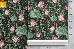 Carta da Parati fiori rosa e foglie verdi natura vintage.