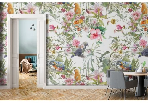 Carta da Parati fiori tropicali e pappagalli.