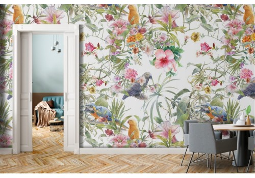 Tropical flowers and parrots wallpaper.
