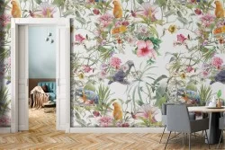 Carta da Parati fiori tropicali e pappagalli.
