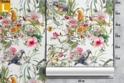 Tropical flowers and parrots wallpaper.
