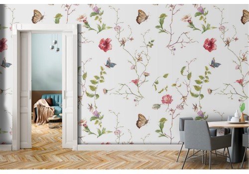 Carta da Parati fiori rosa e farfalle natura pattern.