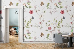 Pink flowers and butterflies nature pattern wallpaper.