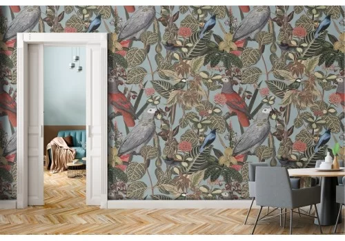 Carta da Parati foglie tropicali e pappagalli natura vintage.