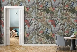 Tropical leaves and parrots vintage nature wallpaper.