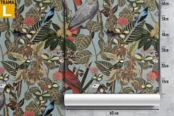 Carta da Parati foglie tropicali e pappagalli natura vintage.