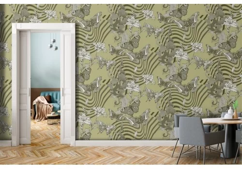 Carta da Parati fiori bianchi e righe natura astratta.