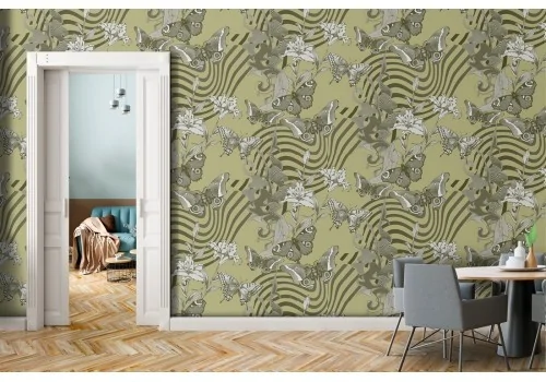 White flowers and abstract nature striped wallpaper.