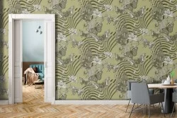 White flowers and abstract nature striped wallpaper.