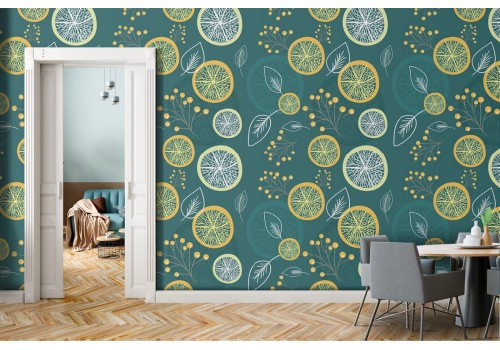 Wallpaper with stylized fruits and leaves modern pattern.