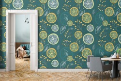 Wallpaper with stylized fruits and leaves modern pattern.