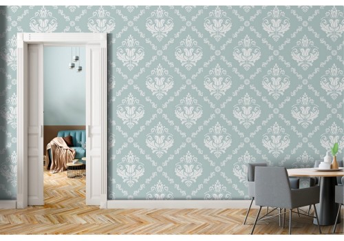 Vintage damask wallpaper pattern in light blue.