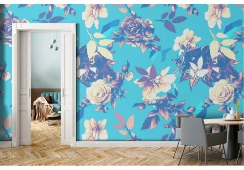 Carta da Parati fiori bianchi fondo azzurro natura moderna.