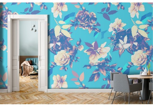 Modern nature wallpaper with white flowers on a blue background.