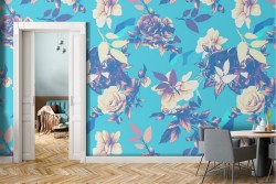 Modern nature wallpaper with white flowers on a blue background.