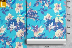 Modern nature wallpaper with white flowers on a blue background.