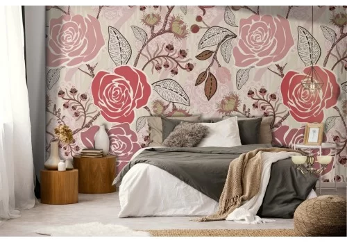 Carta da Parati fiori rose rosse natura vintage.