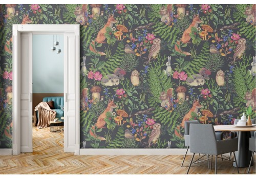 Wallpaper nature foxes and forest leaves pattern.