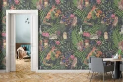 Wallpaper nature foxes and forest leaves pattern.