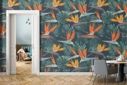 Carta da Parati fiori e foglie tropicali natura.