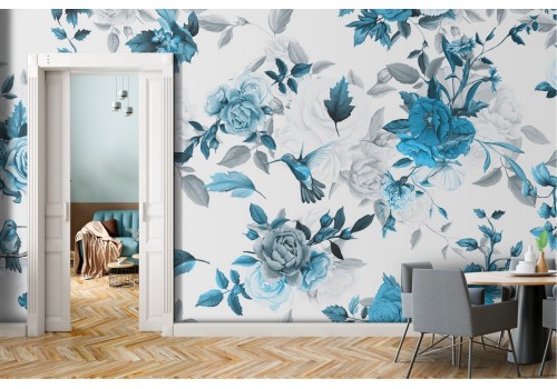 Carta da Parati fiori azzurro e bianco natura moderna.
