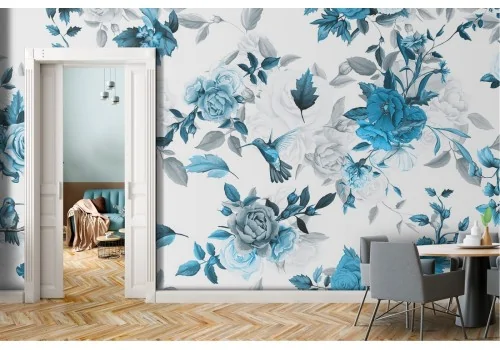 Carta da Parati fiori azzurro e bianco natura moderna.