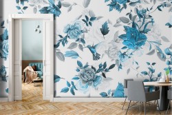 Blue and white modern nature flowers wallpaper.