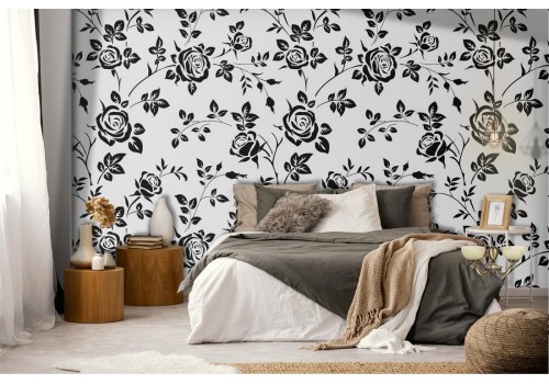 Stylized roses wallpaper black nature pattern.