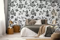 Stylized roses wallpaper black nature pattern.