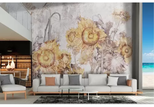 Vintage nature illustration wallpaper with sunflowers