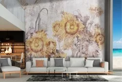 Vintage nature illustration wallpaper with sunflowers