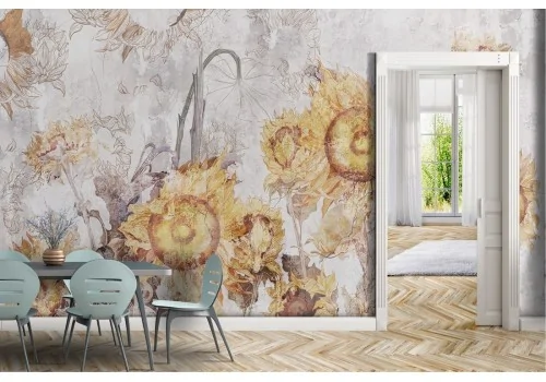 Vintage nature illustration wallpaper with sunflowers 2