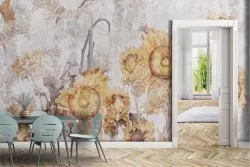 Vintage nature illustration wallpaper with sunflowers