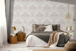 Vintage damask wallpaper in pearl white pattern.