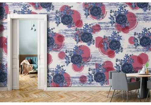 Modern wallpaper with flowers and abstract decorations.